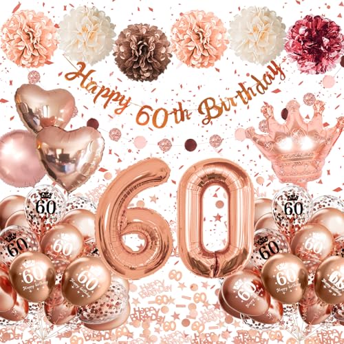 60 Geburtstag Frau, 60 Geburtstagsdeko Frauen Rosegold, Deko 60 Geburtstag Frau, 60. Geburtstag Deko Frauen Rose Gold Luftballons mit Happy Birthday Banner Pompons Deko zum 60 Geburtstag Frau von Almaxi