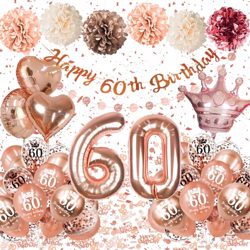 60 Geburtstag Frau, 60 Geburtstagsdeko Frauen Roségold, Deko 60 Geburtstag Frau, 60. Geburtstag Deko Frauen Rose Gold Luftballons mit Happy Birthday Banner Pompons Deko zum 60 Geburtstag Frau von Almaxi