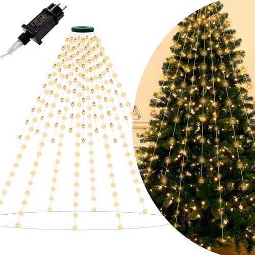 Almaxi Lichterkette Weihnachtsbaum, 16 Stränge Christbaumbeleuchtung mit Ring und Weihnachtsglocken, IP44 Wasserdicht 8 Modi Lichterkette Weihnachtsbaum Innen mit Ring, Weihnachtsbaum Deko, Warmweiß von Almaxi