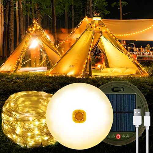 Camping Lichterkette Aufrollbar 12M/39FT, Aufladen per Solar und USB, Wasserdichte Lichterkette Aufrollbar mit 8 Beleuchtungsmodi, Solar Lichterkette Camping für Innen, Außen, Warmweiß von Almaxi