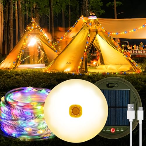 Camping Lichterkette Aufrollbar RGB 12M/39FT, Aufladen per Solar und USB, Wasserdichte Lichterkette Aufrollbar mit 8 Beleuchtungsmodi, Solar Lichterkette Camping für Innen, Außen, Warmweiß von Almaxi