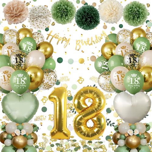 18 Geburtstag Deko,Geburtstagsdeko 18 Männer Frauen,Deko 18. Geburtstag Mädchen Junge, 18. Geburtstag Avocado Grüne Gold Luftballons mit Happy Birthday Banner Pompons für 18 Geburtstag Dekorationen von Almaxi