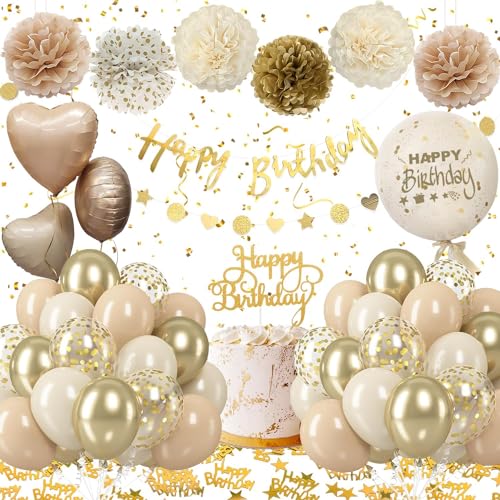 Geburtstagsdeko Frau Mädchen,Beige Gold mit Luftballons Geburtstag, Deko Geburtstag Pompons,Party Deko mit Geburtstag Banner für Geburtstags Deko Mann Baby von Almaxi