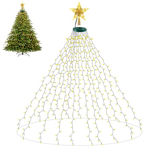 Lichterkette Weihnachtsbaum,2M 16 Stränge 400 LED Lichterkette mit Weihnachtsbaumspitze Stern,IP44 Wasserdicht 8 Modi Christbaumbeleuchtung mit Ring,Weihnachtsbaum Deko für 150cm-240cm Baum,Warmweiß von Almaxi