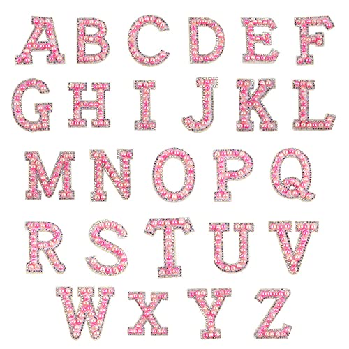 Alnicov 26 Stück Buchstabe Strass Patch AZ Alphabet Applikation 3D Nähen auf Alphabet Abzeichen Stickerei Dekorieren Reparaturflicken für Hüte Hemden Schuhe Jeans Taschen (Rosa) von Alnicov