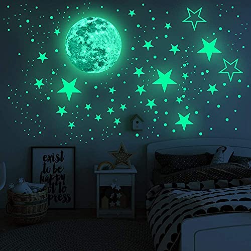 Alnicov 435 Stück grüne leuchtende Punkte Sterne Sterne Aufkleber Mond Sterne Punkte in Wand Aufkleber für Schlafzimmer Wohnzimmer Geburtstag Weihnachten Dekoration von Alnicov