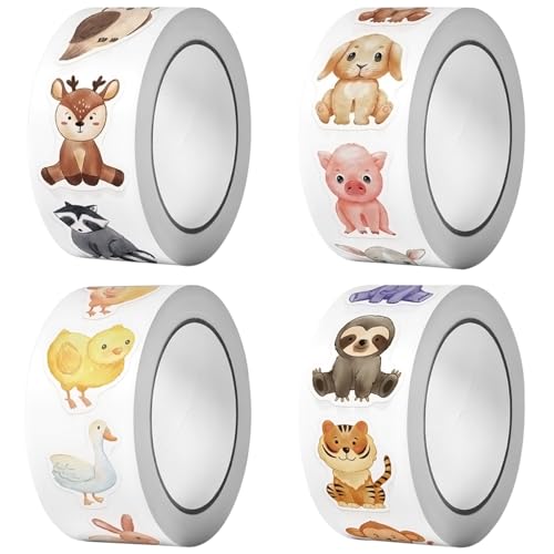 Alovez 2000 Stück Runde Tier Aufkleber, Animal Sticker Rolle, 32 Muster Animal Sticker Rolle Runde Aufkleber Kinder Selbstklebende Sticker Tiere für Mädchen Junge von Alovez