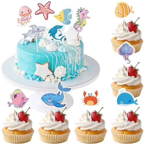 Alovez 24 Stück Ozean Cupcake Topper, Meerestiere Cupcake Topper, Meerestiere Muffin Deko, Ozean Thema Tortendeko Geburtstag Party Dekoration Zubehör von Alovez