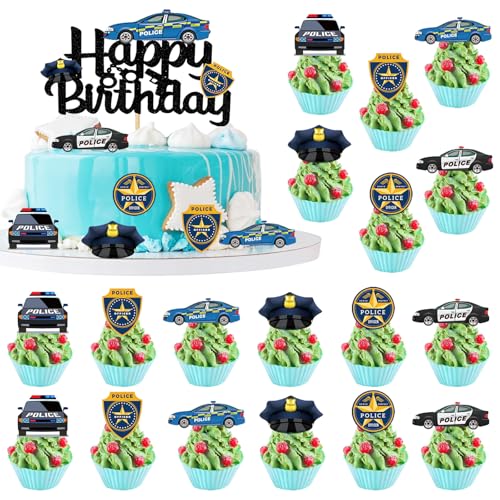 Alovez 25 Stück Polizei Cupcake Topper Polizei Tortendeko Polizei Geburtstagsparty Deko Polizei Polizeiauto Happy Birthday Kuchendekoration Polizei Kindergeburtstag Deko von Alovez