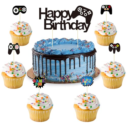 Alovez 25 Stück Videospiel Tortendeko Geburtstag Gaming Cake Topper, Glitzer Spielkonsolen Thema Torten Deko, Gaming Cake Topper für Kindergeburtstag Videospiel Party von Alovez