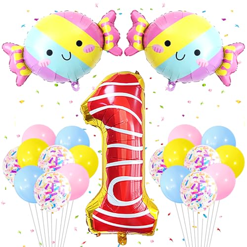 Alovez Folienballon Süßigkeiten Deko 1. Geburtstag Mädchen Set, 24 Stück Ballon Geburtstagsdeko Süßigkeiten Geburtstagsdeko für Kinder erster Geburtstagsdeko Babyparty Jubiläumsparty von Alovez