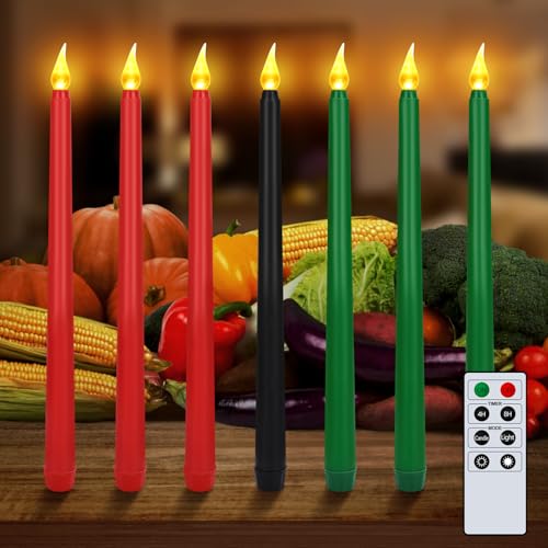 Alphatool Kwanzaa Flammenlose Kerzen Kinara Set - Fernbedienung & Timer, Realistische Stabkerzen mit flackerndem Licht, Mishumaa Saba, batteriebetriebene Kerzen, schwarzer elektrischer Kerzenständer von Alphatool