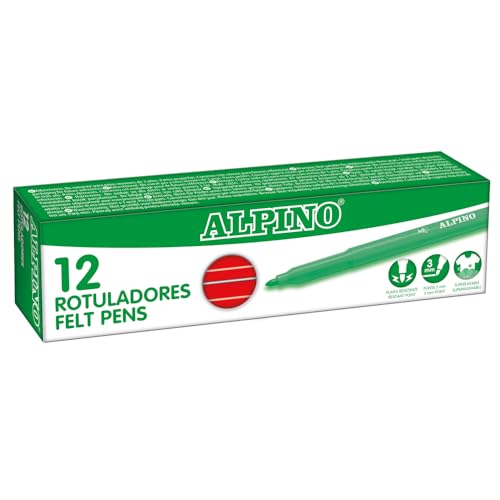 Alpino – Karton mit 12 Standmarkern. Rot | Waschbare Marker für Kinder | Helle Marker | Ideal für die Schule | Super haltbare Faserspitze und sichere Tinte auf Wasserbasis von Alpino