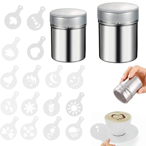 Alriedy 2 Stück Kakaostreuer für Cappuccino, mit 16 Pcs Kaffee Schablonen,Puderzuckerstreuer Edelstahl mit Deckel, Mehlstreuer Kakao Streuer für Kaffee, für Küche und Backen von Alriedy