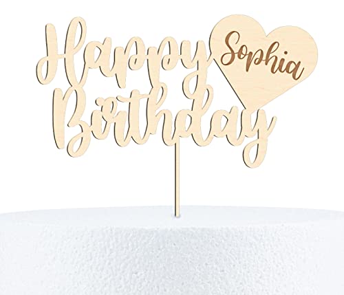 Alsino Happy Birthday Cake Topper Geburtstag Kuchendeko aus Holz oder Acryl personalisiert mit Wunschnamen - 15, 20 & 25 cm Höhe, 20 cm, Birke Multiplex von Alsino