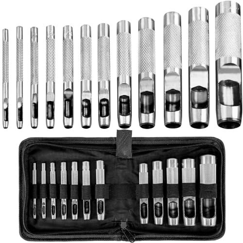 Locheisen Set, Lochstanzer, 12 Stahl Locheisen Set Leder 1/8 ''-3/4 '' (3-19 mm), Locheisen Satz für Leder, Uhrenarmband, Dichtung Gürtel, Schuh, Stoff, Leinwand Kleidung mit Aufbewahrungskoffer von Altamejor