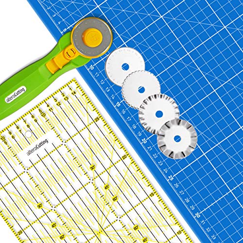 Altera Schneidematte-Set, schneidunterlage A1 (60x90cm) Blau, selbstheilend inkl. 5 Klingen, Rollschneider und Universal-Lineal 60x15cm Gelb/transparent von Vicien