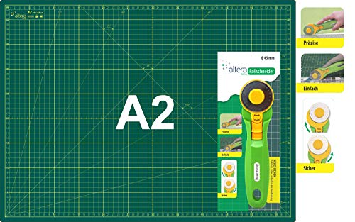 Schneidematte Set, Schneideunterlage A2 (45x60cm) + 1 Rollschneider mit Messer (Grün) von Altera