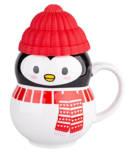 Altom Design Weihnachtsbecher Weihnachtstasse mit Gummi-Deckel 300 ml aus Porzellan für Kinder (Pinguin) von Altom Design