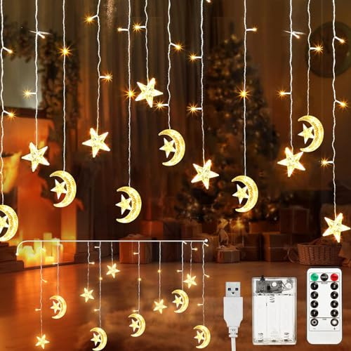 Aluusy Lichterkette Ramadan, 3.5m Sterne Mond Lichtervorhang Batterie/USB mit Timer, 8 Modi LED Lichterketten Vorhang Fenster Innen Außen mit Fernbedienung für Ramadan, Party, Balkon von Aluusy