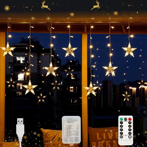 Aluusy LED Lichterkette Sterne Lichtervorhang Weihnachten Fenster 3m 120 LEDs Weihnachtsbeleuchtung mit Timer & Batterie/USB IP44 Wasserdicht Außen Innen für Balkon Garten Party Weihnachten Deko von Aluusy