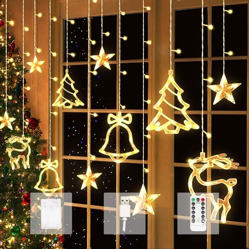 Aluusy LED Lichterkette Weihnachten 2024, 3.5M Lichtervorhang Batterie/USB Weihnachtsbeleuchtung Fenster mit Timer, 8 Modi Lichterketten Vorhang Innen Außen Deko für Balkon, Party, Hochzeit -Warmweiß von Aluusy