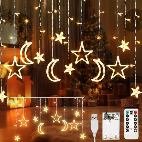 Aluusy Ramadan Lichterkette 3,5m Sterne Mond LED Lichterketten Batterie/USB Lichtervorhang mit Timer & Fernbedienung, Lichterkette Vorhang Innen Außen Deko für Balkon, Kinderzimmer, Party, Fenster von Aluusy