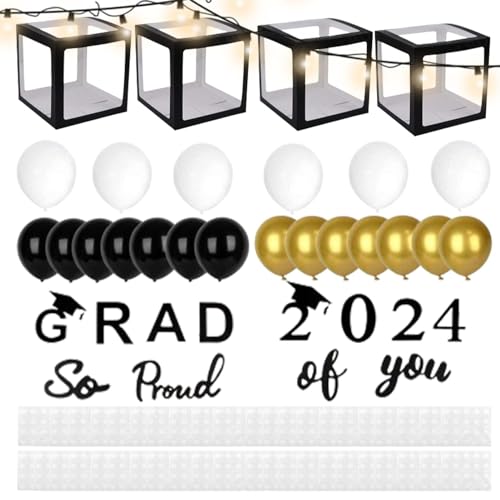 Abschlussfeier-Dekoration Ballonbox, 2024 Abschluss-Ballonboxen,Schwarze Ballonboxen für die Abschlussfeier | Dekorationen für die Abschlussfeier mit Buchstaben „2024 Grad & So Proud of You“ und Ballo von Alwida