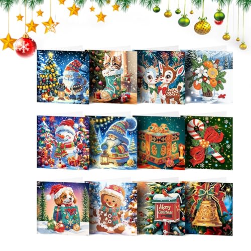 Alwida Feiertagskarten, Weihnachtsgrußkarte | 12 Stück handgemachte Weihnachtsgrußkarten | Runde Bohrer-Kristallkunst, Kristall-Malkarten, leere Weihnachtskarten-Sets für Kinder, Erwachsene, Anfänger von Alwida