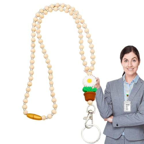 Lehrer-Lanyard mit Ausweishalter, Holzperlen-Lanyards für Frauen - Schlüsselbänder aus Blumenholz und Perlen - Süßes Mode-Lehrer-Schlüsselanhänger-Lanyard für Krankenschwester-Abzeichen, Labor-ID-Abze von Alwida