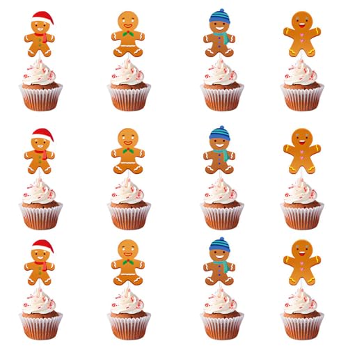 12PCS Weihnachten Cupcake Toppers Glitter Christmas Gingerbread Man Cupcake Toppers Dekoration Fröhliche Weihnachten Kuchen Topper Lebkuchenmann Stil Weihnachten Party Urlaub Zubehör von Alwodici