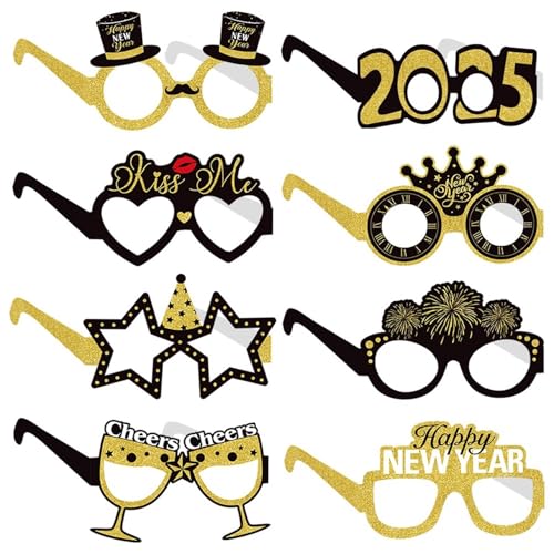 Alwodici 16Stück Frohes neues Jahr Brillen Neuheit Papier Fancy Silvester Party Brillen 2025 Silvester Dekorationen Silvester Zubehör lustig Glitter Photo Booth Requisiten für Kinder Erwachsene von Alwodici