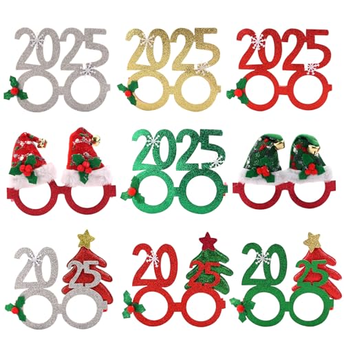 Alwodici 9 PCS Weihnachtsbrille Weihnachten Glitter Party Brille Xmas Neuheit Brillen Fancy Dress Kostüm Party Brille Photo Booth Xmas Party Dekoration Zubehör Geschenk für Kinder und Erwachsene von Alwodici