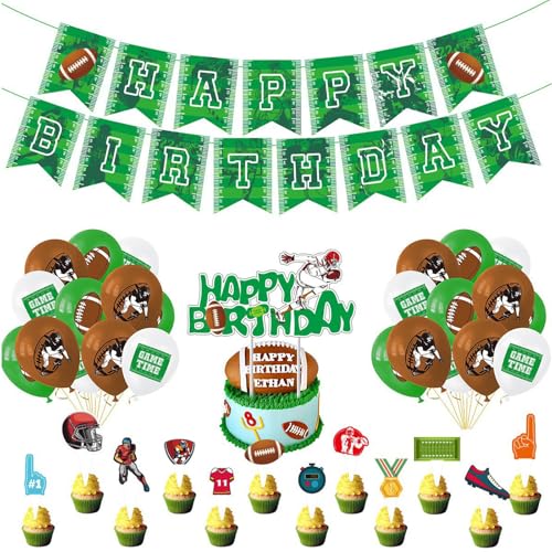 Rugby Kuchen Dekoration Set Happy Birthday Kuchen Topper Flagge Ziehen Ballon Party Dekoration Set Rugby Thema Sport Spiel Geburtstag Kuchen Dekoration Zubehör für Kinder Junge Mädchen von Alwodici