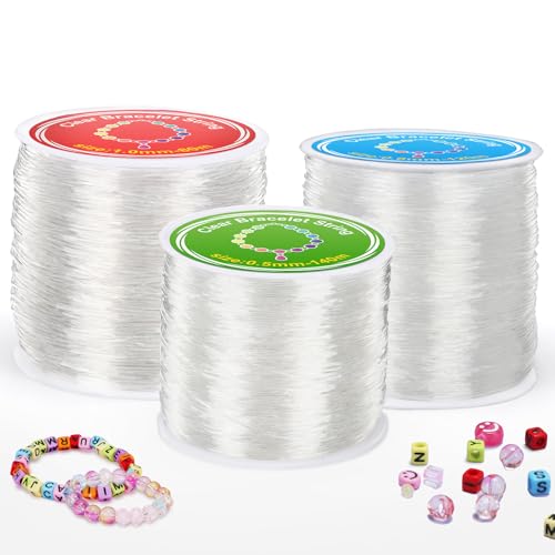 Alyvisun 3 Rollen Transparent Band Armbänder, Elastisches Nylonfaden für Armbänder, (0.5mm, 0.8mm & 1mm) Gummiband für Armbänder für DIY Armbänder, Halskette, Perlen, Schmuckherstellung von Alyvisun