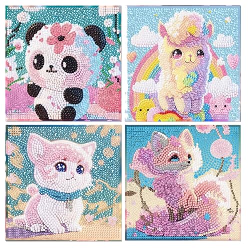 4er Diamond Painting Kinder Tiere, 5D Diamond Painting Panda Alpakas Füchse Katzen, DIY bilder für Mädchen Junge 6 7 8 9 10 11 12 Jahre Geschenk, 15x15cm von Alyxiavia