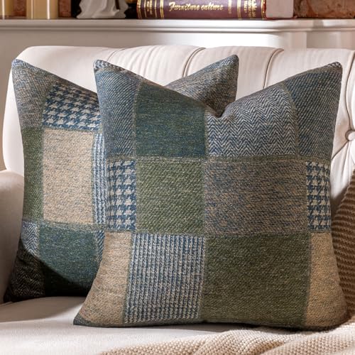 AmHoo Set mit 2 Kissenbezügen, Wolle, Patchwork, kariert, Bauernhaus, dekorativ, quadratisch, Kissenbezüge für Sofa, Couch, Bett, 45,7 x 45,7 cm, Blau von AmHoo