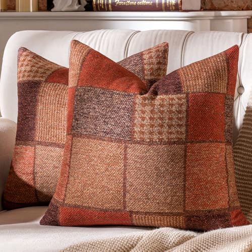 AmHoo Set mit 2 Kissenbezügen, Wolle, Patchwork, kariert, Bauernhaus, dekorativ, quadratisch, Kissenbezüge für Sofa, Couch, Bett, 50,8 x 50,8 cm, Orange von AmHoo