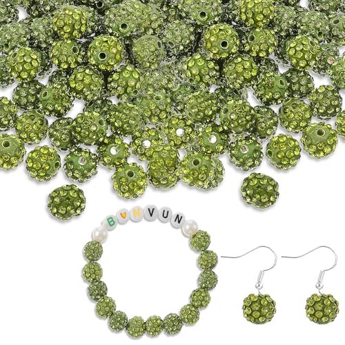 Amabro 100 Stück Kristall Perlen Blumen,10mm Perlenset für Armbänder,Strassperlen Shamballa Olivgrünen Selber Machen Glasperlen Zum Auffädeln Basteln Bastelperlen Perlen Zubehör Zwischenperlen von Amabro