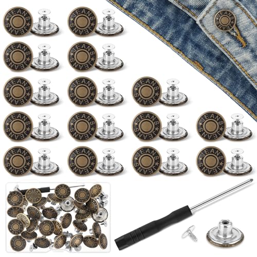 Amabro 30 Stück Jeans knöpfe, 17mm kein Nähen Ersatzknöpfe, wiederverwendbare Jeans Hosen Knopfspanner und verstellbare Metallknöpfe für lose Jeans Hosen(17mm) von Amabro