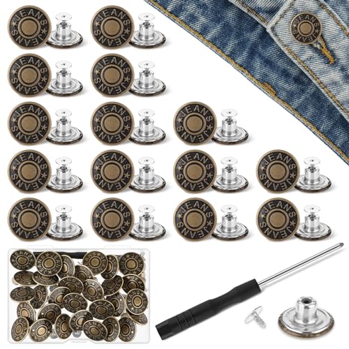 Amabro 30 Stück Jeans knöpfe, 20mm kein Nähen Ersatzknöpfe, wiederverwendbare Jeans Hosen Knopfspanner und verstellbare Metallknöpfe für lose Jeans Hosen(20mm) von Amabro