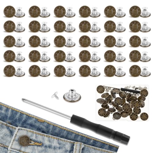 Amabro 30 Stück Jeansknöpfe, 17mm ohne Nähen jeans nieten knöpfe, Abnehmbare Metallknöpfe für Hosen Ersatz Hosenknopfspanner verstellbares Kit mit Gewinde Nieten und Schraubendreher(17mm) von Amabro