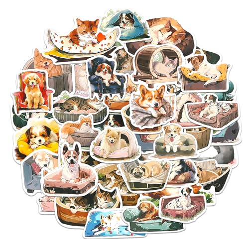 Amabro 50 Stück Katze Hund Aufkleber Sticker Set, Graffiti Decal Wasserfeste Vinyl Sticker Klein ästhetische Aufkleber Katzen Aufkleber Set Geschenk für Wasserflaschen Sammelalbum Telefon von Amabro