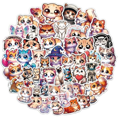 Amabro 50 Stück Kawaii Katzen Aufkleber Set, lustige Cartoon süße Tier-Aufkleber ästhetische Abziehbilder wasserfeste Vinyl Aufkleber für Kinder Teenager Wasserflaschen Scrapbooking Tagebücher von Amabro