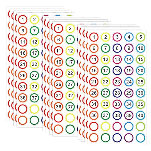 Amabro 800 Stück Nummer Aufkleber, 25mm 20 Blatt 1 bis 40 Fortlaufende Zahlen Selbstklebende zahlen Farbige Wasserdichte und Reißfeste Zahlenschilder für Büro, Zuhause, Lagerung, Klassenzimmer von Amabro
