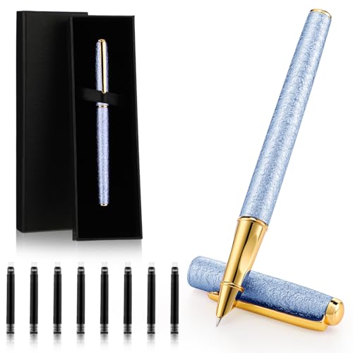 Amabro Exquisiter Metall Füllfederhalter Set, 0.5 mm feine Spitze Kalligrafiestift mit 8 Schwarz Tintenbeutel und Schönes Stift Geschenketui für Männer und Frauen Büro Schule Journaling (Blau) von Amabro