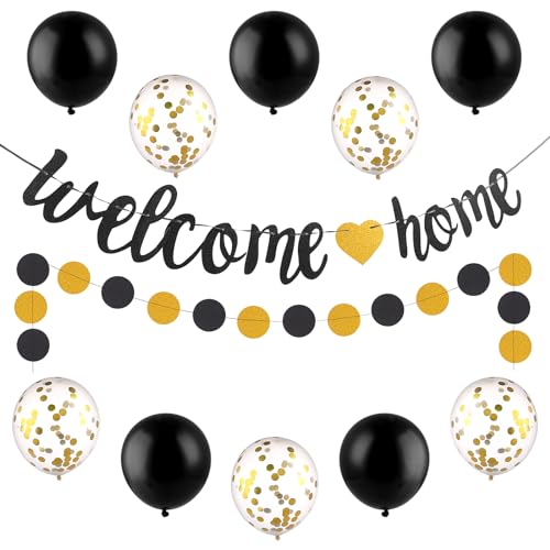 Amabro Welcome Home Banner, Glitter Welcome Home Decorations Gold Black Welcome Home Signs Garland Balloons Welcome Back Party Family Housewarming Photo Booth Props von Amabro