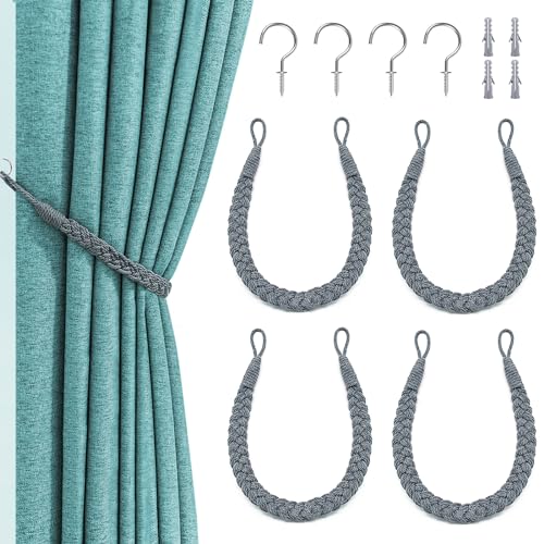 Amabur Vorhang Raffhalter, 4 Stück Curtain Rope Buckle, Handgestrickte Vorhangbinder, Gardinen Raffhalter Raffhalter Dekorative Vorhang Halter für Wand Vorhänge Holdback für Haus Office Wohnzimmer von Amabur