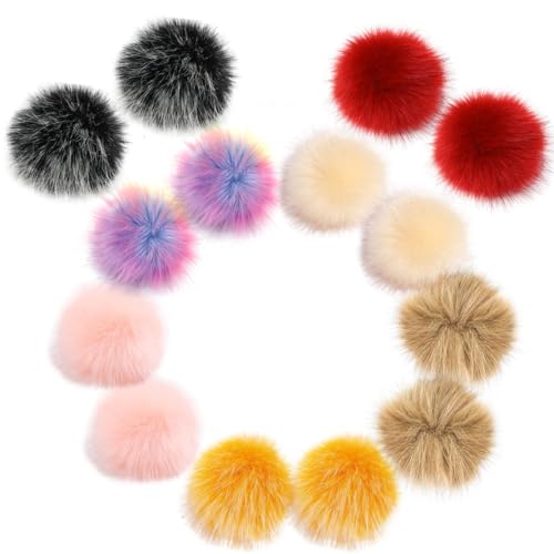 Fellbommel für Mützen Kunstfell Pompon 14 Stück Künstlicher Haarball Nachahmung Fuchs Waschbär Haarkugel Anhänger DIY 10cm für Mützen Schuhe Schals Taschen Schlüsselanhänger 7 Farben Pompons Basteln von Amacoam