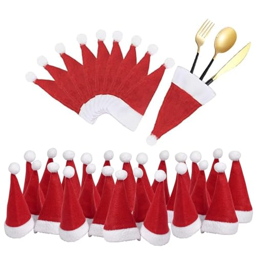 Mini Weihnachtsmütze Rot 30 Stück Weihnachtsmütze Besteck, Weihnachtsmütze Tischdeko, Weihnachtsmützen Besteckhalter Bestecktasche Weihnachten Nikolausmütze Mini Flaschen Weihnachtsmützen Deko von Amacoam